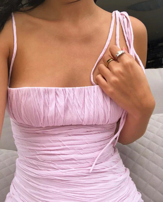 Pink Elegant Spaghetti Strap Pleated Long Banquet Dress Wedding Guest Dress Evening Dress Party Dress Prom Dress nv1784