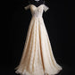 NiceVestidos--Milky Apricot Lace - Embroidered Tulle Spaghetti - Strap Off - Shoulder Floor - Length Evening Dress NV5826
