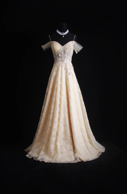 NiceVestidos--Milky Apricot Lace - Embroidered Tulle Spaghetti - Strap Off - Shoulder Floor - Length Evening Dress NV5826