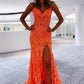 Orange fashion unique V-neck dress long lace mermaid slim fit slit ball gown evening dress nv120