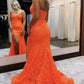 Orange fashion unique V-neck dress long lace mermaid slim fit slit ball gown evening dress nv120