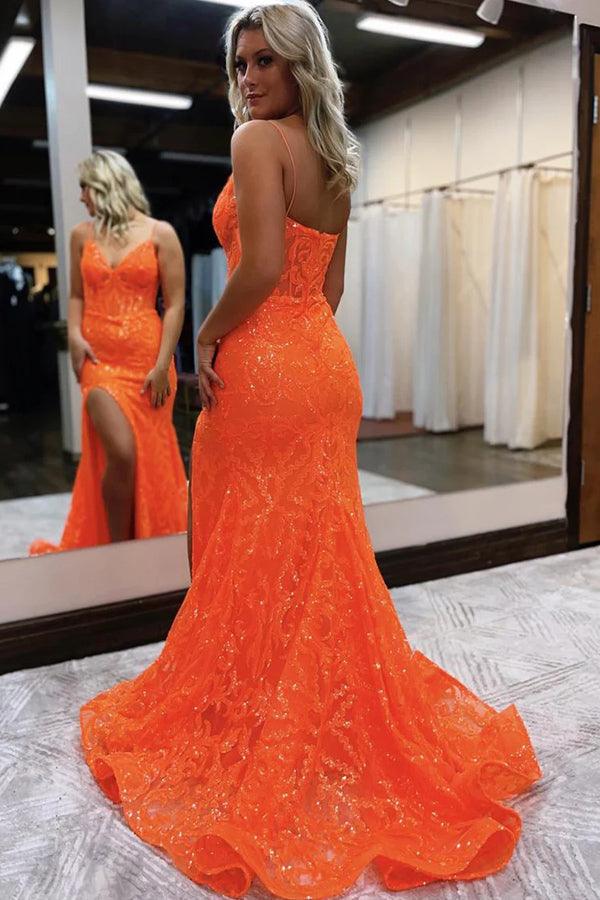 Orange fashion unique V-neck dress long lace mermaid slim fit slit ball gown evening dress nv120
