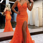 Orange fashion unique V-neck dress long lace mermaid slim fit slit ball gown evening dress nv120