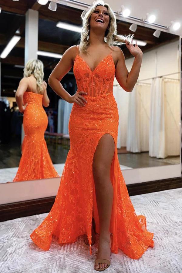Orange fashion unique V-neck dress long lace mermaid slim fit slit ball gown evening dress nv120