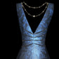 Blue Stylish Elegant V-Neck Exquisite Lace Long Tulle Floor-length Ball Gown Evening Gown Birthday Party Gown Prom Gown nv3970