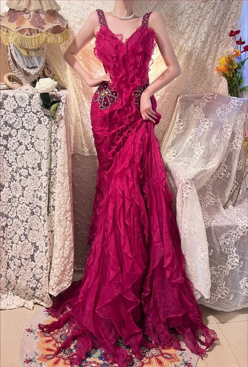 Pink Beaded Beautiful Mermaid Long Chiffon Ball Gown Evening Dress Party Dress nv4323