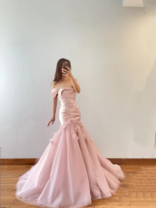 Pink Floral Fashion Elegant Mermaid Long Satin Prom Dress Evening Dress nv4775