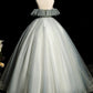 A-Line Round Neck Tulle Gray Blue Long Prom Dress, Tulle Sequin Lace Long Evening Dress nv1495