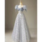 Cute Floral Print Long Prom Dress A-Line Puff Sleeve Blue Party Dress Graduation Dress Evening Gown nv1860