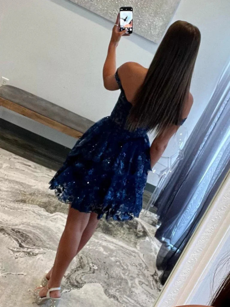 Off Shoulder Navy Blue/Burgundy/White Lace Prom Dresses, Navy Blue/Burgundy/White Lace Homecoming Dresses, Short Off the Shoulder Formal Graduation Evening Dresses  nv1486
