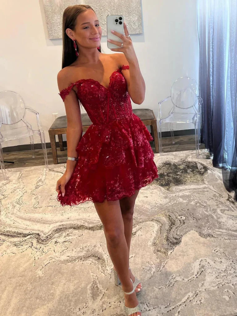 Off Shoulder Navy Blue/Burgundy/White Lace Prom Dresses, Navy Blue/Burgundy/White Lace Homecoming Dresses, Short Off the Shoulder Formal Graduation Evening Dresses  nv1486