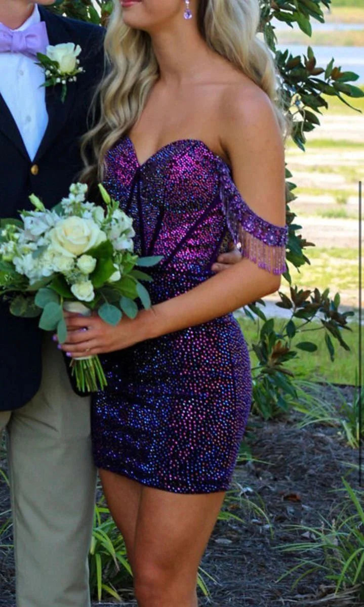 Purple shiny fashion off-shoulder short sequin homecoming dress prom evening dress party dress nv1245