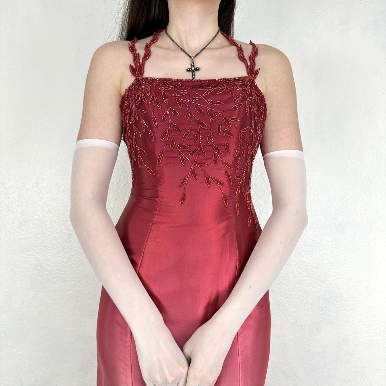Robe de soirée longue en satin, style gothique vampire, vintage, dégradé rouge/rose, broderie perlée, nv5403