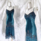 Superbe robe de bal rétro en mousseline de soie bleue exquise à bretelles spaghetti et perles NV5412