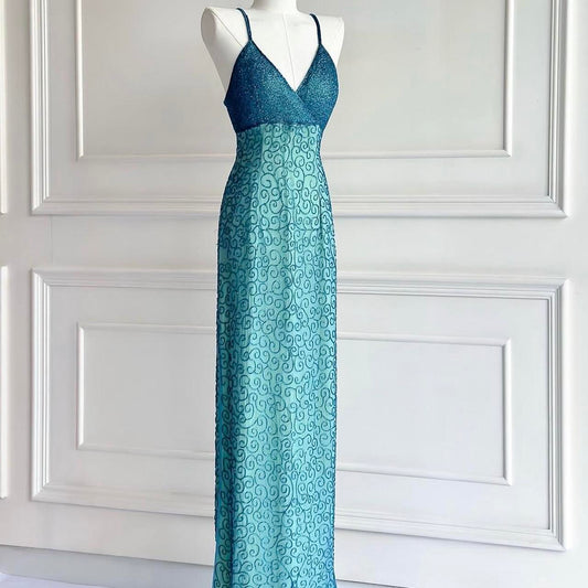 💗✨Teal/Hot pink vintage 90s y2k fairy boho beaded embroidery maxi mermaid suspender dress prom dress evening gown party dress nv4406