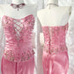 💘Pink exquisite beaded long ruffled satin fairy dress prom dress nv5414