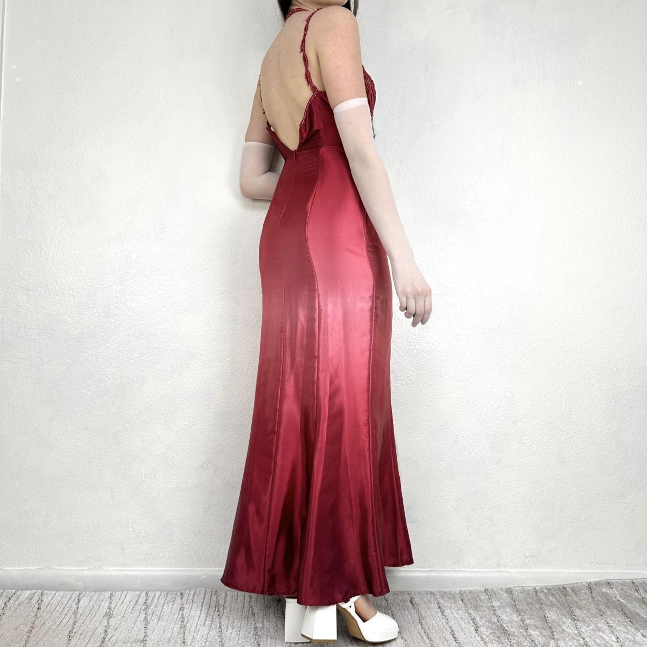 Robe de soirée longue en satin, style gothique vampire, vintage, dégradé rouge/rose, broderie perlée, nv5403