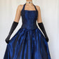 Blue Vintage Elegant Delicate Floral Beading Square Neck Halter Long Satin Fairy Ball Gown Evening Dress Birthday Party Dress Prom Dress nv4002