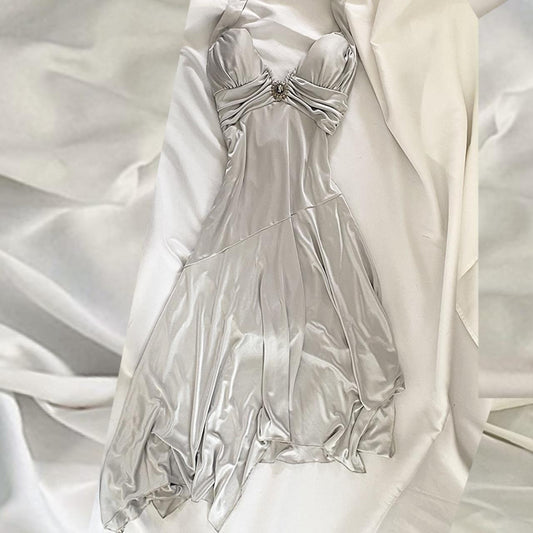 Silver White Retro Fairy Short satin Homecoming Dress Party Dress Birthday Dress Prom Dress nv4540