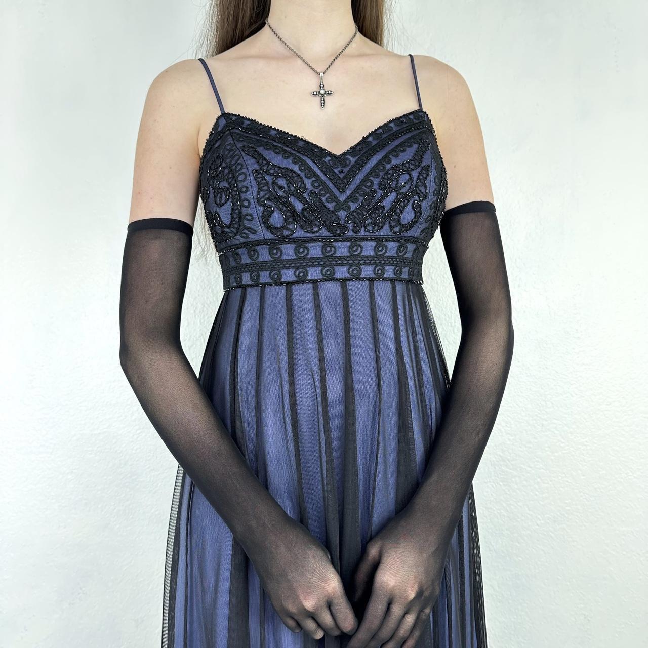 Robe de soirée longue en mousseline de soie, style gothique, vintage, noire et bleue, avec broderie perlée, style empire, nv5404