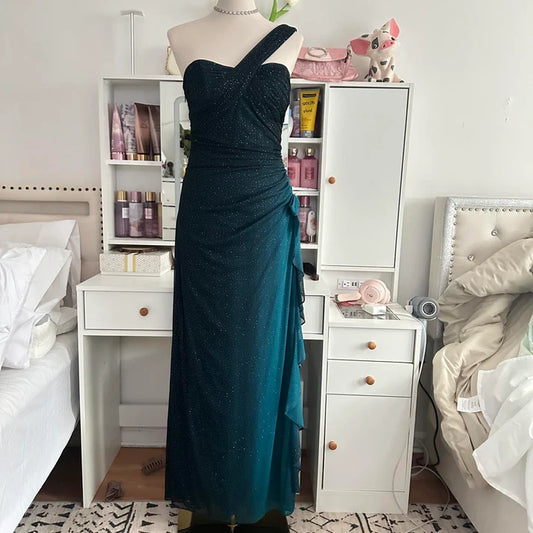 Turquoise Gradient Retro Fashion Sparkling Stunning Flowing One Shoulder Elegant Exquisite Rhinestone Long Chiffon Ball Gown Evening Gown Birthday Party Gown Prom Gown Graduation Gown nv4251