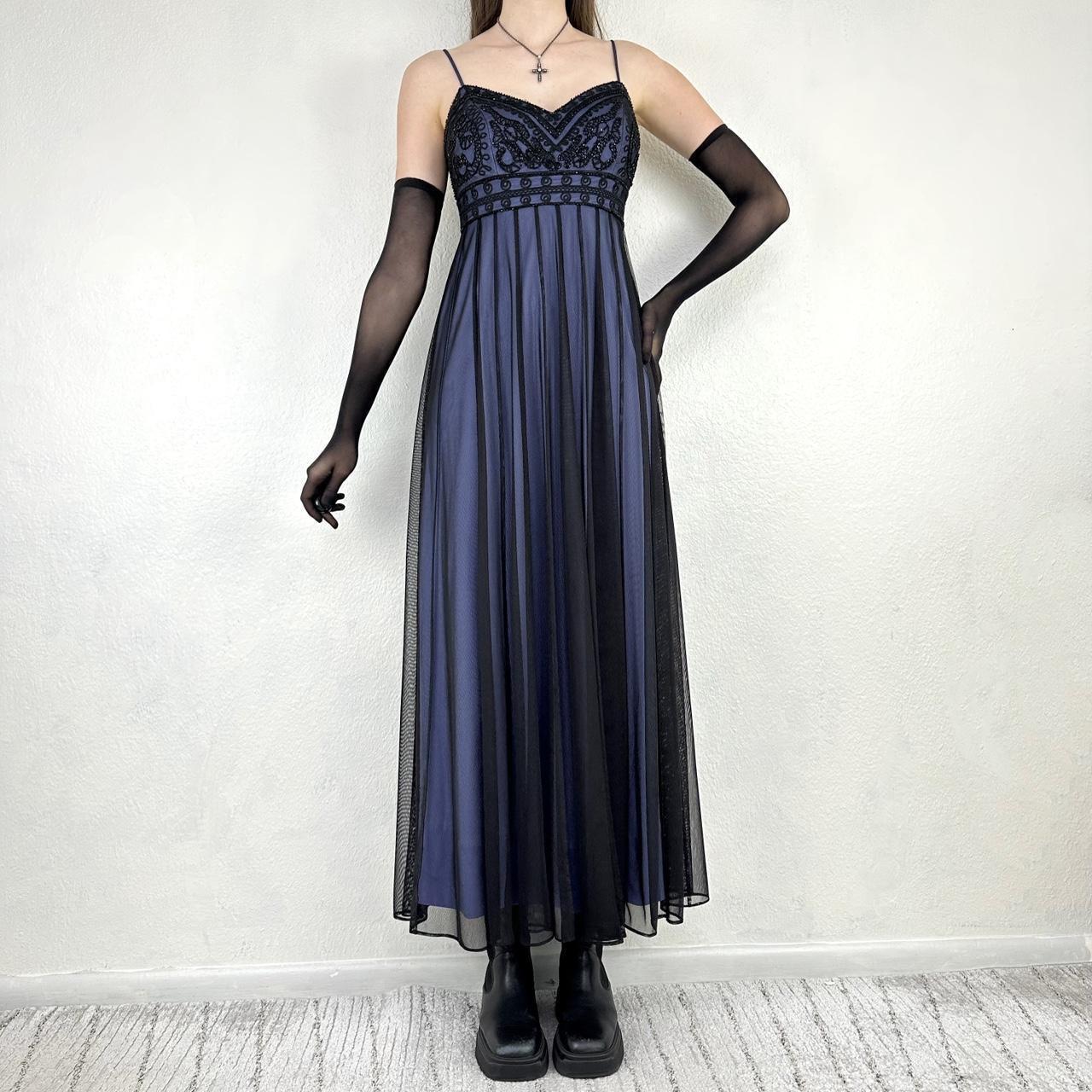 Robe de soirée longue en mousseline de soie, style gothique, vintage, noire et bleue, avec broderie perlée, style empire, nv5404