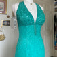 Blue vintage beaded mermaid sequined halter long prom dress evening gown party dress nv4242