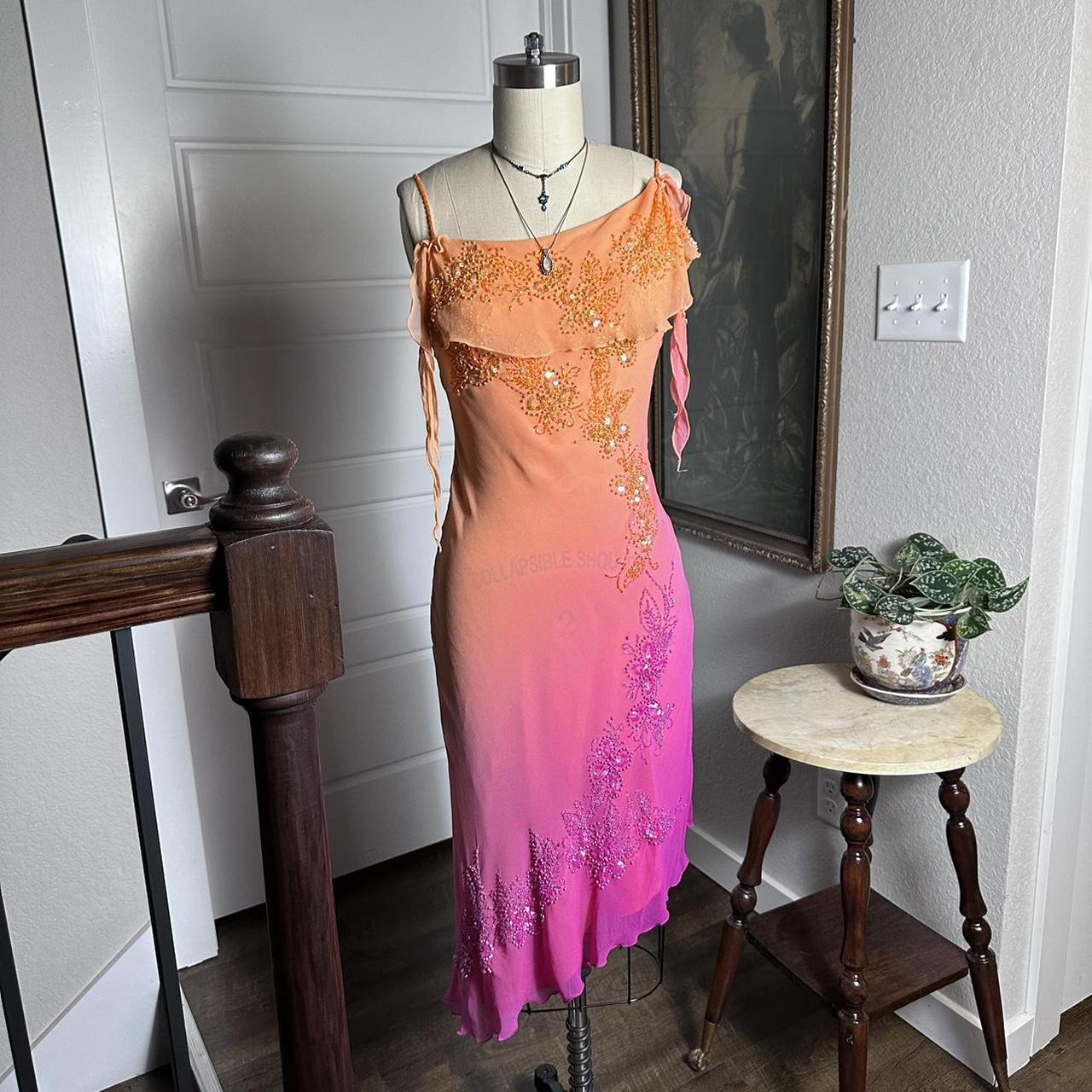 Orange Fashion Gradient Gorgeous Spaghetti Strap Beaded Long Chiffon Ball Gown Evening Dress Party Dress nv3664