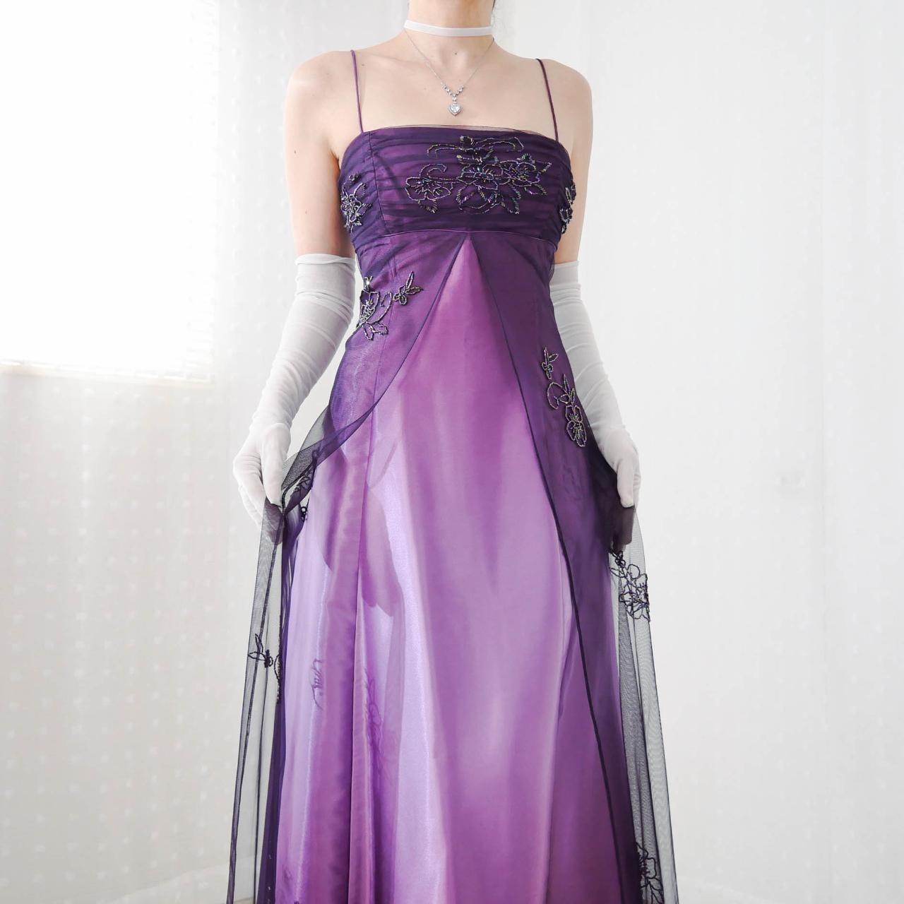 Purple Elegant Fashion Gradient Exquisite Beading Spaghetti Straps Long Tulle Satin Backless Lace-up Ball Gown Evening Dress Party Dress nv3669