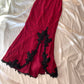 ♥️♠️♦️♣️Stunning retro-glam red and black delicate lace bodycon mermaid maxi prom dress with a sexy slit nv5382