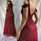 Burgundy Shiny Elegant Off Shoulder Ruffles Fashion Elegant Long Chiffon Prom Dress Evening Gown Party Dress nv4149