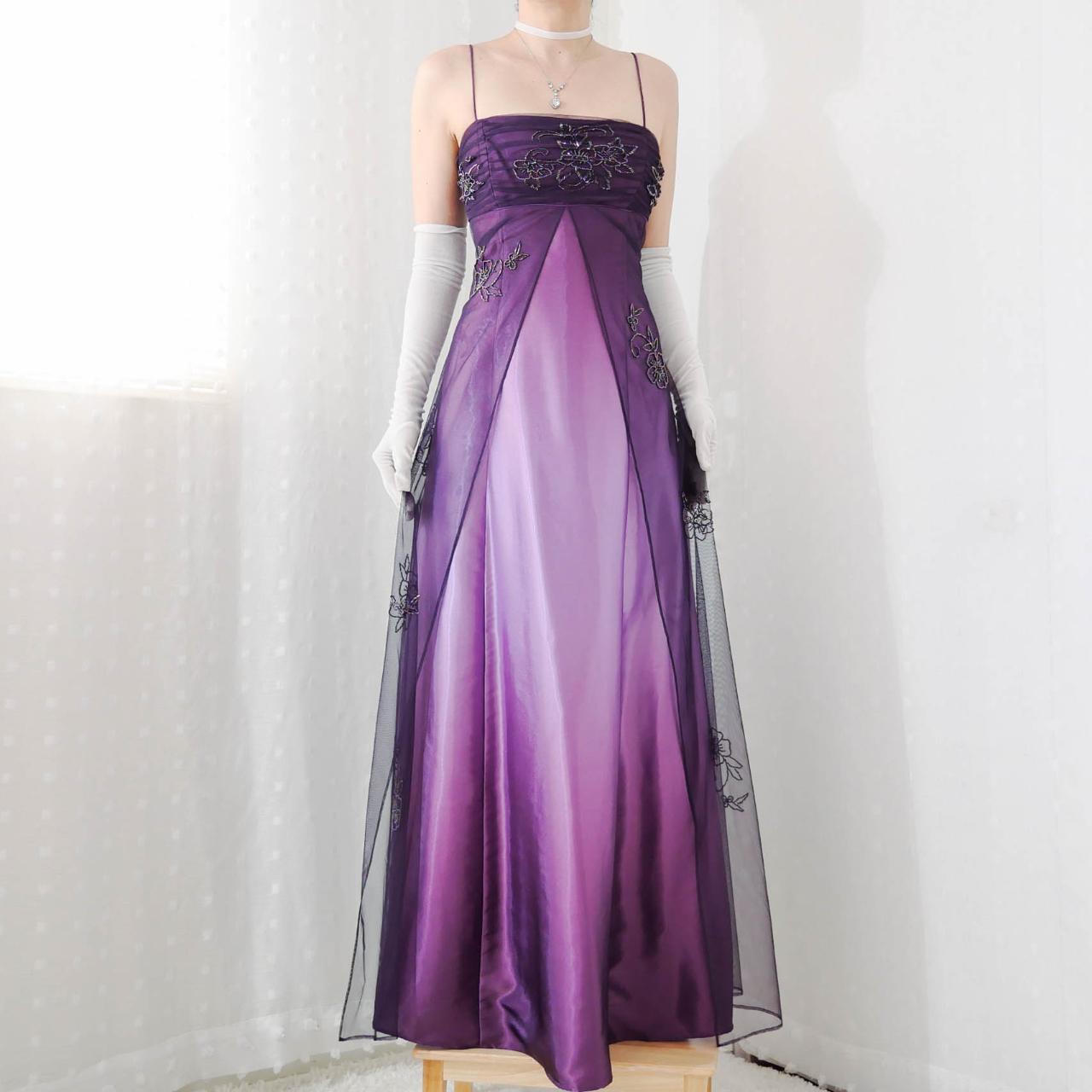 Purple Elegant Fashion Gradient Exquisite Beading Spaghetti Straps Long Tulle Satin Backless Lace-up Ball Gown Evening Dress Party Dress nv3669