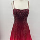 Robe longue sans manches à empiècements en satin dégradé bordeaux et sequins NiceVestidos NV6177