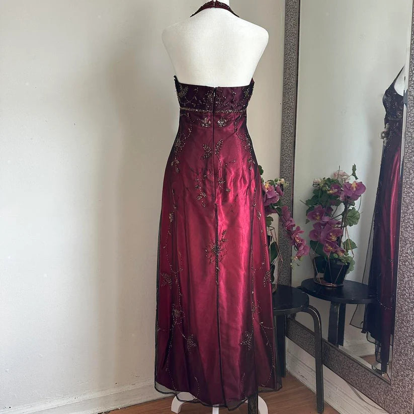 Burgundy Gorgeous Exquisite Beading Elegant Strap Long Satin Tulle Ball Gown Evening Dress Party Dress nv3974