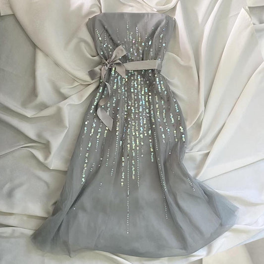 Silver Grey Beaded Sequins Elegant Short Birthday Dress Party Dress Homecoming Dress Cocktail Dress nv4535