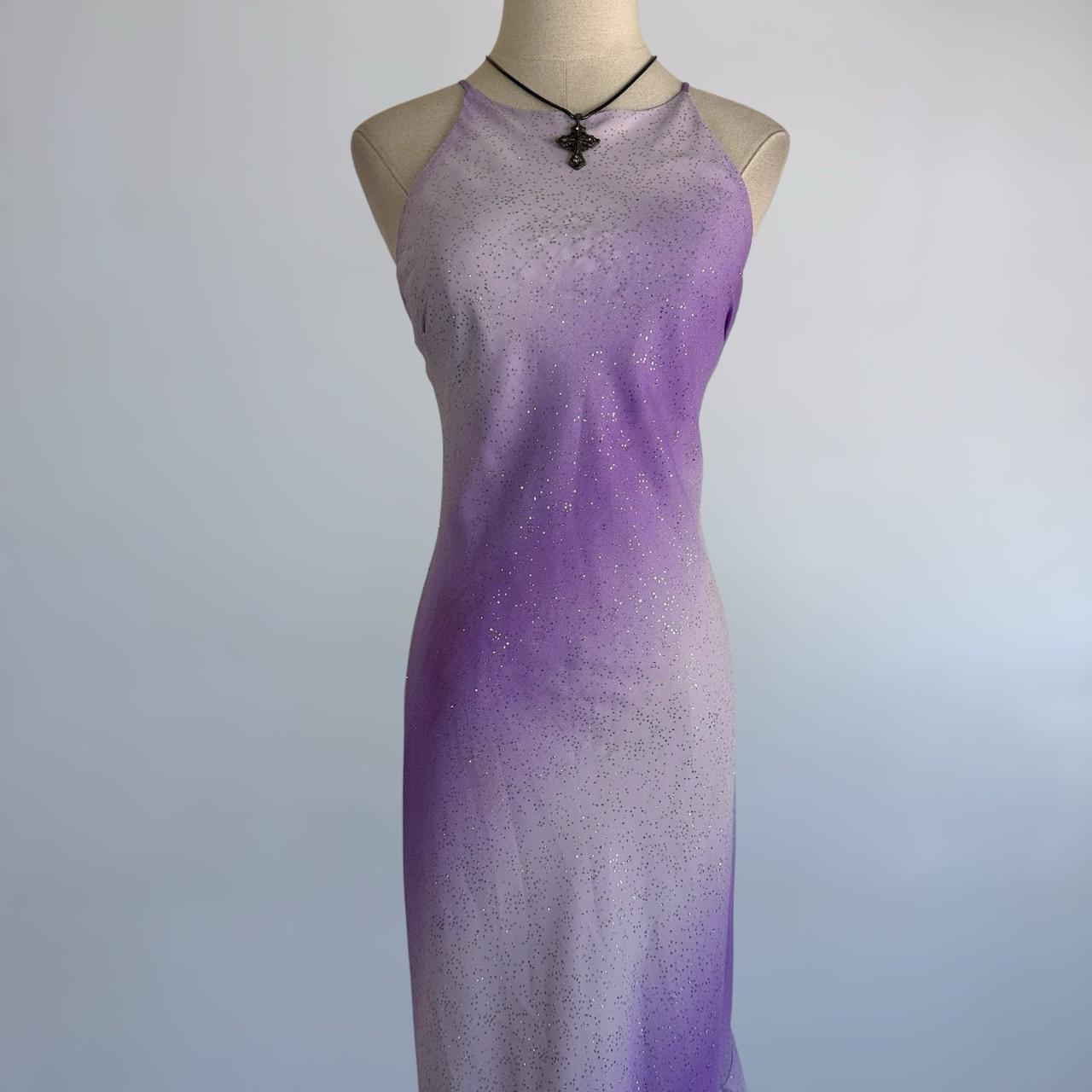 Robe sirène asymétrique sans manches à sequins dégradés violet-gris, dos nu, sans manches, longueur au sol NV6179