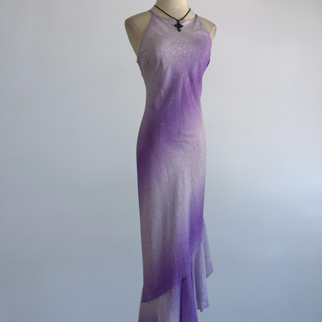 Robe sirène asymétrique sans manches à sequins dégradés violet-gris, dos nu, sans manches, longueur au sol NV6179