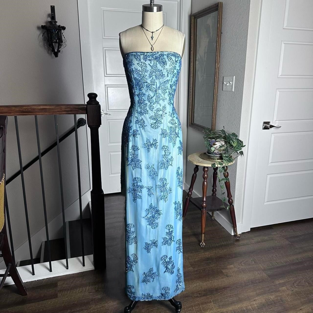 Blue Retro Fashion Elegant Luxury Gorgeous Exquisite Full Body Beaded Long Tulle Ball Gown Evening Gown Party Dress Prom Gown nv3923