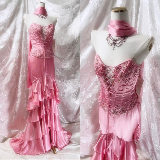 💘Pink exquisite beaded long ruffled satin fairy dress prom dress nv5414