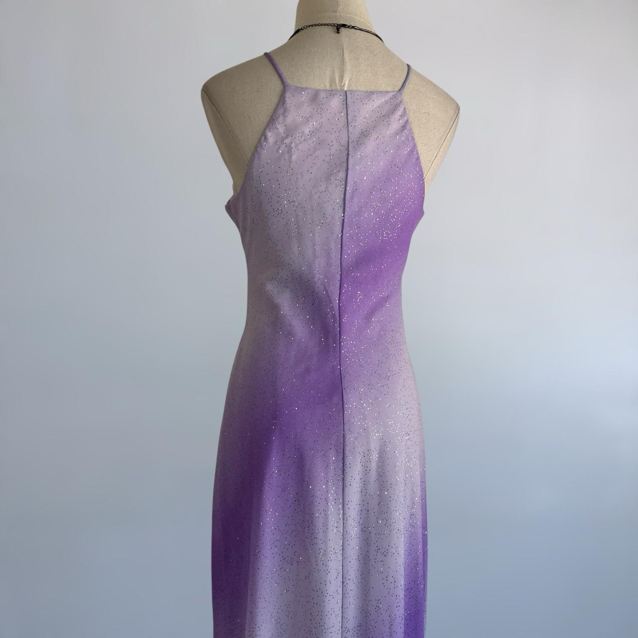 Robe sirène asymétrique sans manches à sequins dégradés violet-gris, dos nu, sans manches, longueur au sol NV6179