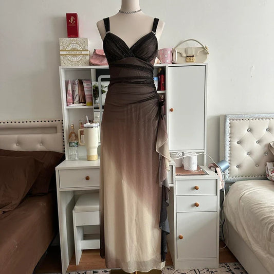 Brown and cream fashionable gradient beautiful unique glitter maxi dress vintage elegant long chiffon tulle ball gown evening dress party dress prom dress nv4249