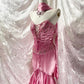 💘Pink exquisite beaded long ruffled satin fairy dress prom dress nv5414