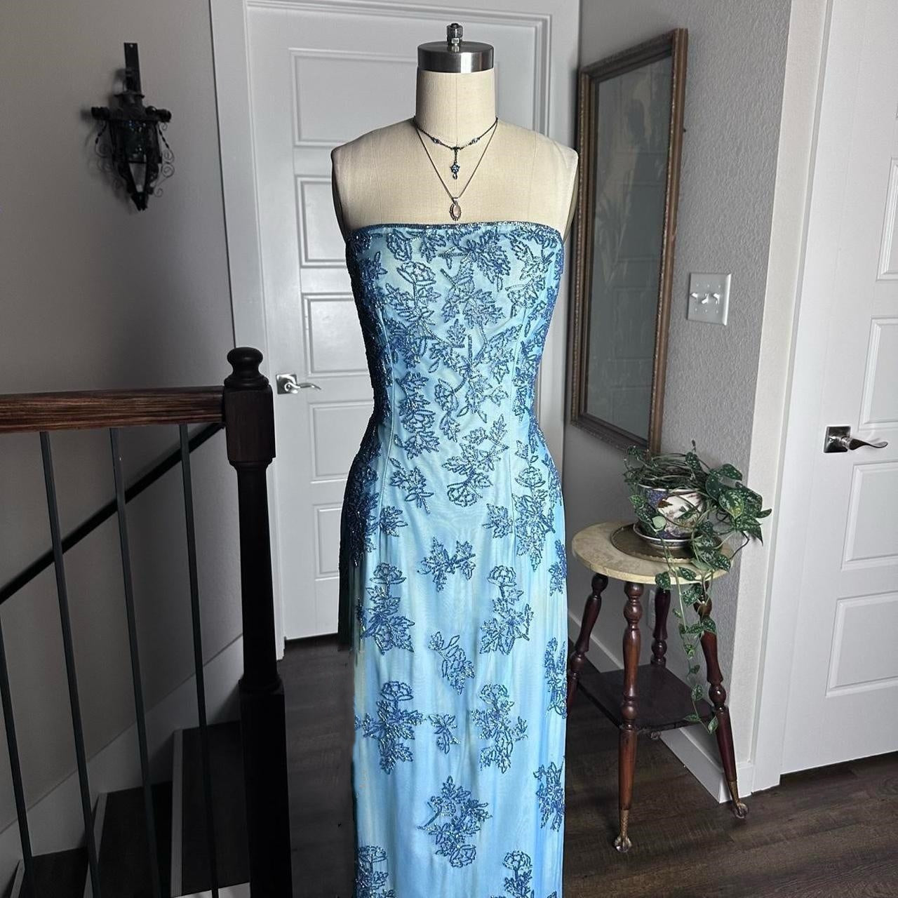 Blue Retro Fashion Elegant Luxury Gorgeous Exquisite Full Body Beaded Long Tulle Ball Gown Evening Gown Party Dress Prom Gown nv3923