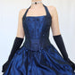 Blue Vintage Elegant Delicate Floral Beading Square Neck Halter Long Satin Fairy Ball Gown Evening Dress Birthday Party Dress Prom Dress nv4002