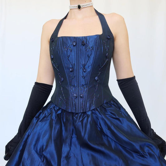 Blue Vintage Elegant Delicate Floral Beading Square Neck Halter Long Satin Fairy Ball Gown Evening Dress Birthday Party Dress Prom Dress nv4002