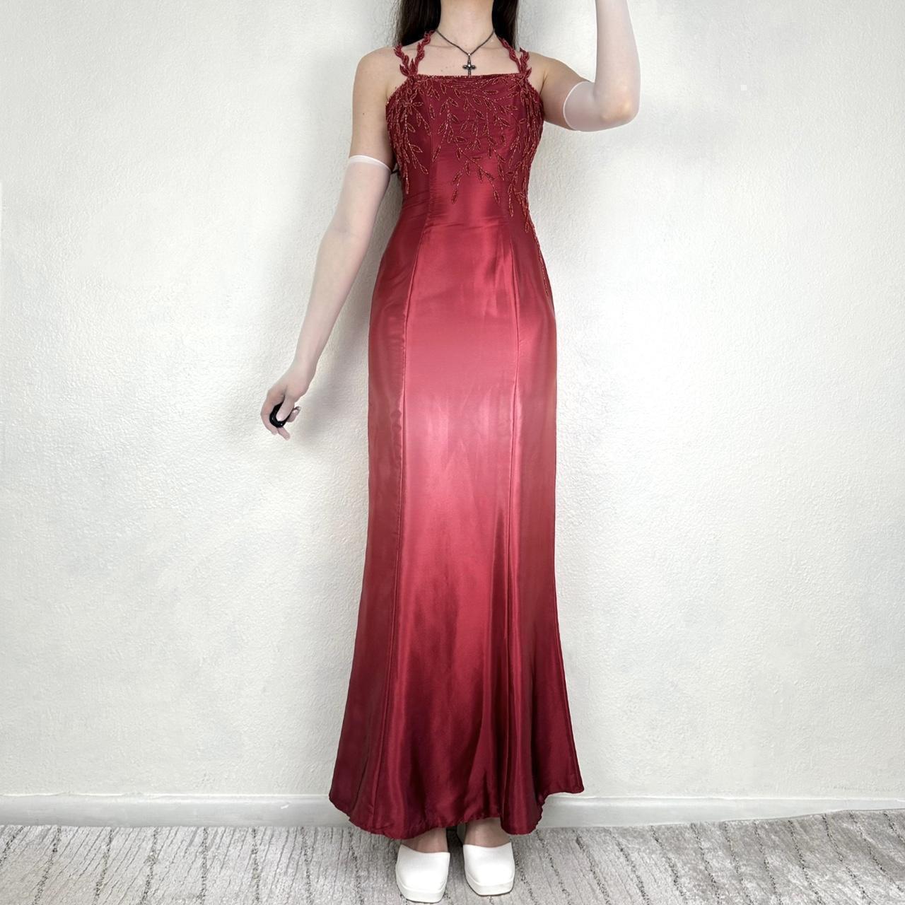Robe de soirée longue en satin, style gothique vampire, vintage, dégradé rouge/rose, broderie perlée, nv5403