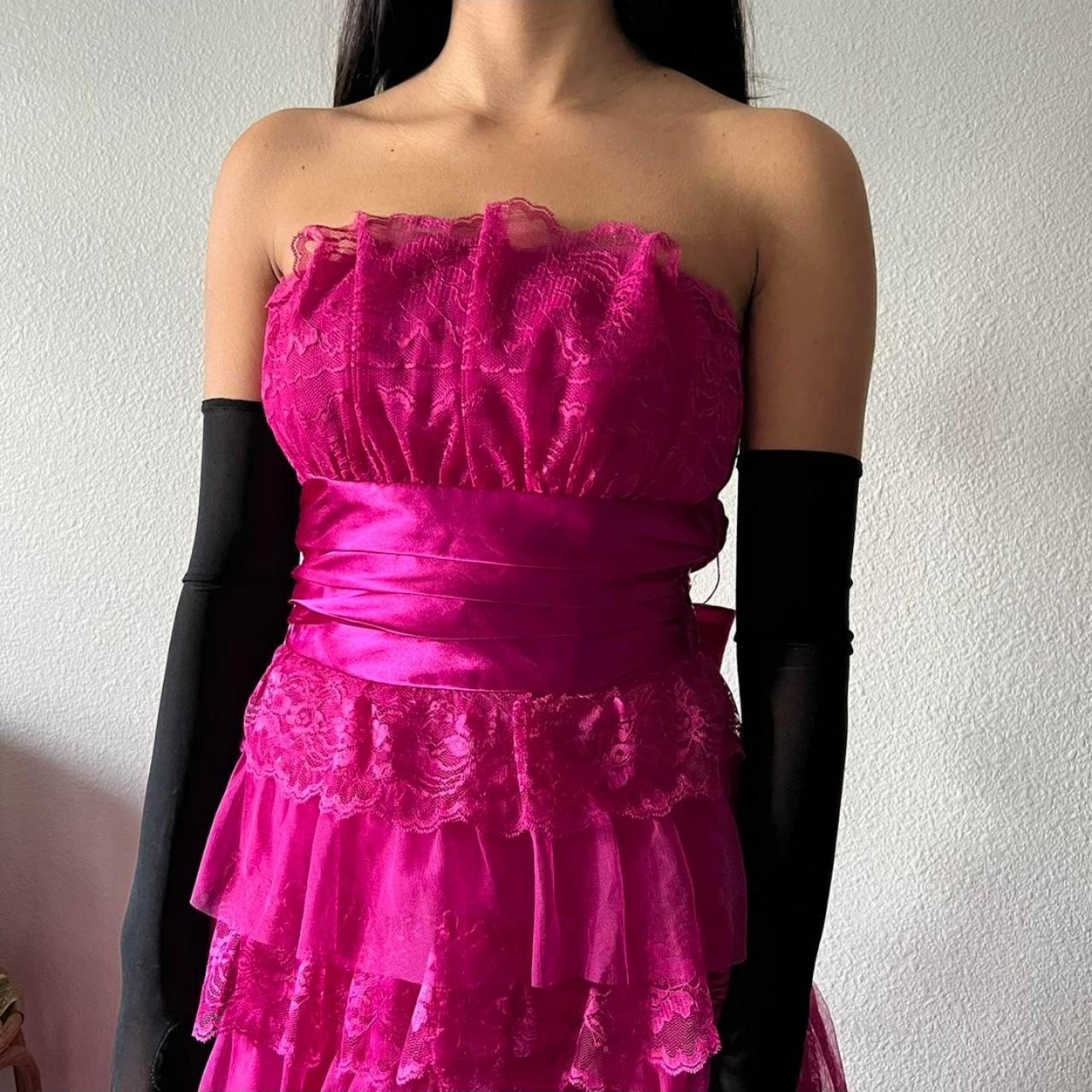 Pink Elegant Fashion Long Exquisite Lace Layered Princess Lace Ruffle prom dress Evening Dress Party Dress nv3747