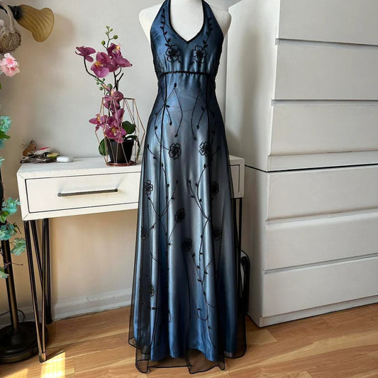 Blue Gorgeous Vintage Elegant Exquisite Beaded Suspender Long Tulle Ball Gown Evening Gown Party Dress Prom Gown  nv4247