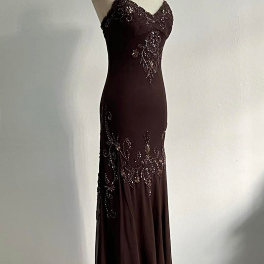 🧚🏼‍♂️Rare vintage y2k fairy bohemian brown lace beaded sequin floral embroidery maxi dress elegant ball gown evening gown party dress nv4408