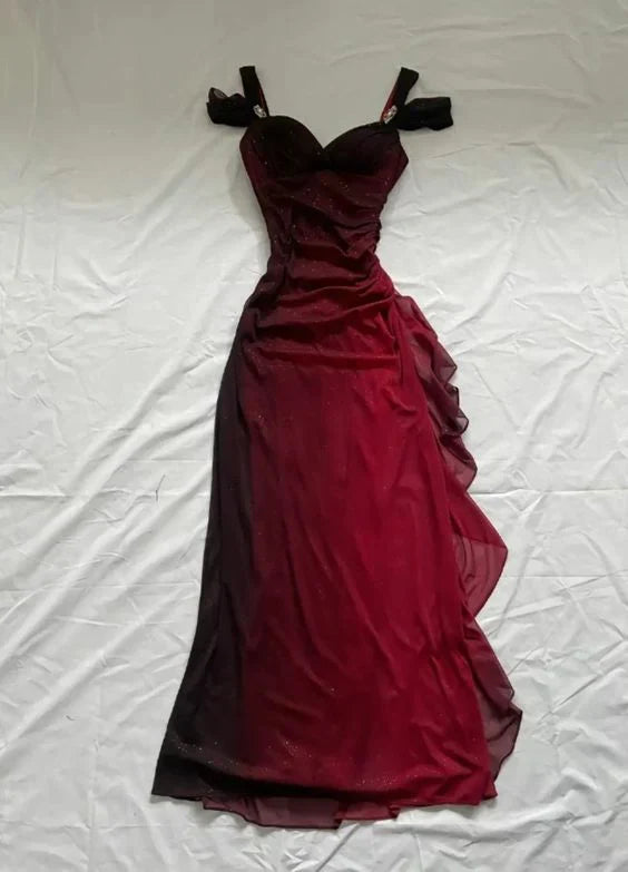 Burgundy Shiny Elegant Off Shoulder Ruffles Fashion Elegant Long Chiffon Prom Dress Evening Gown Party Dress nv4149